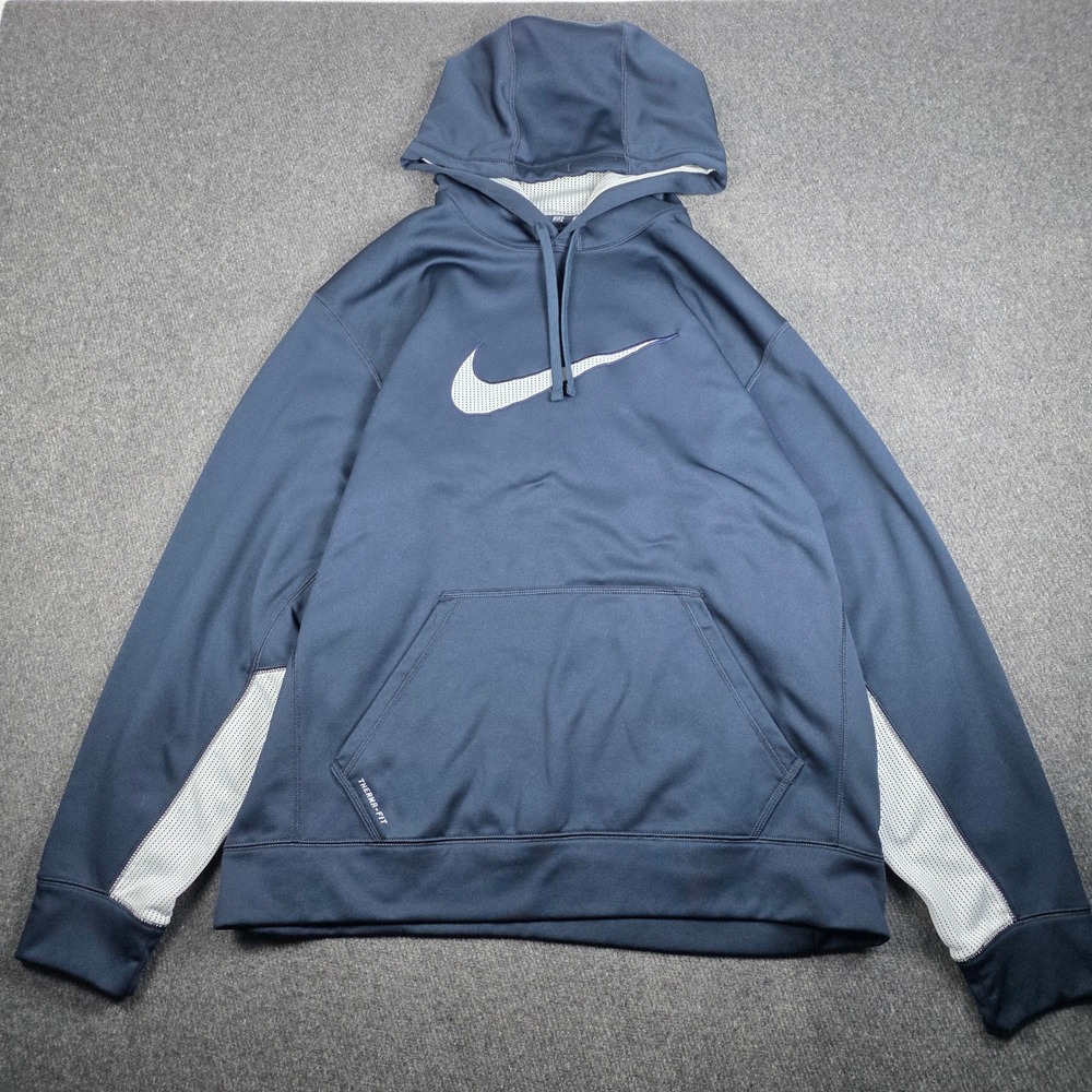 Nike Hoodie Men XL Navy Blue Therma-FIT Pullover Mesh Center Swoosh